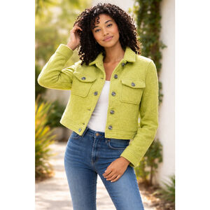 Joie Cropped Fuzzy Wool Blend Jacket Lime Green Boxy Button Front M